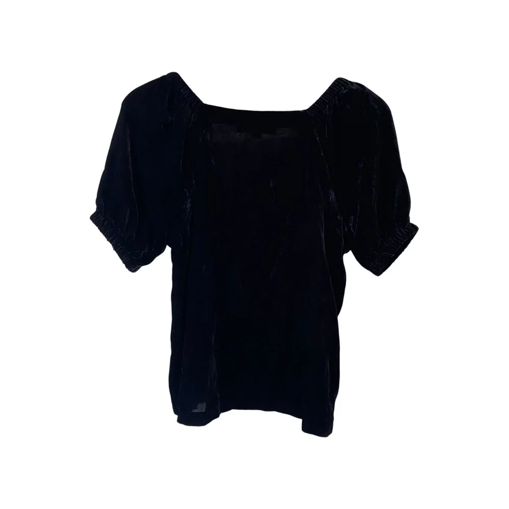 Loft Black Velvet Square Neck Puff Short Sleeve Top Blouse Women's Size M‎